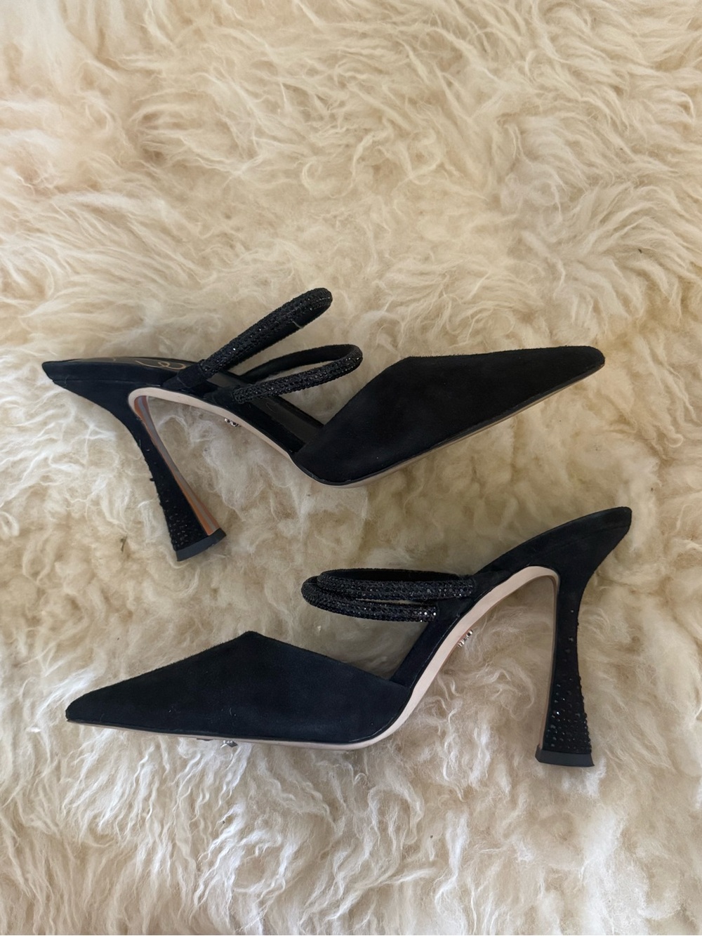 Sam Edelman Agustina Black Suede Pointed Toe Beaded Strap High Heel Mules